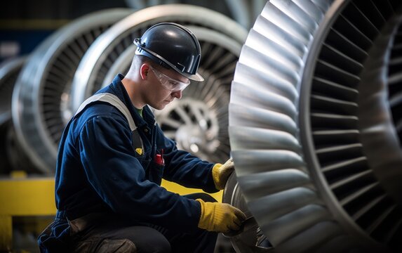 Hydroelectric dam worker diligently working on the turbine. - Powered by Adobe