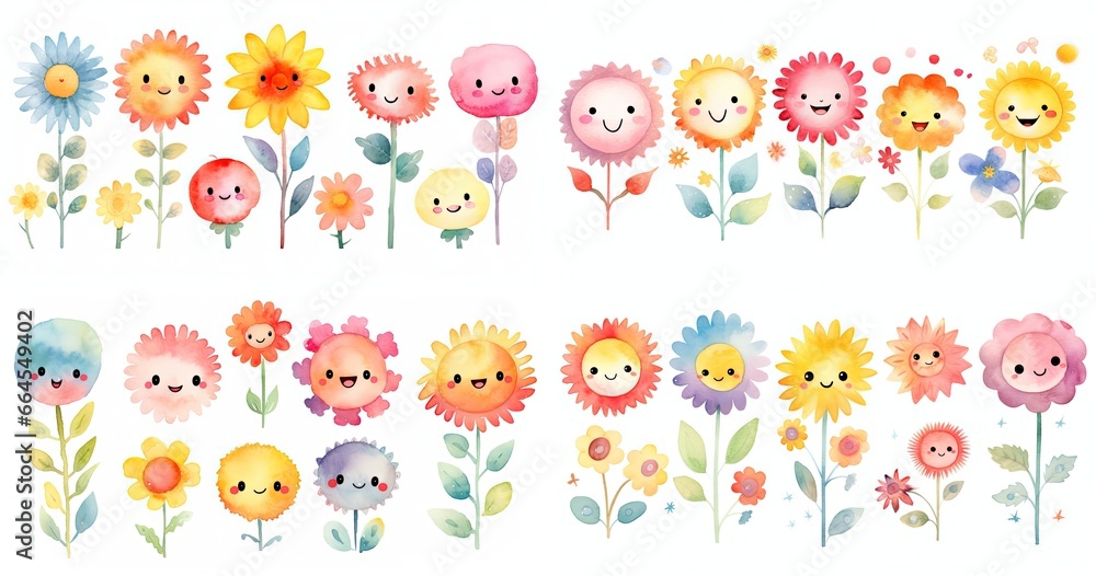 Wall mural watercolor illustration of flower and sunflower tree with kawaii smile face, collection set, generative Ai