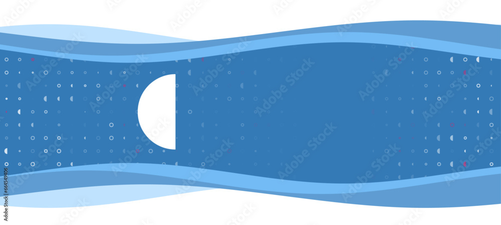 Poster blue wavy banner with a white semicircle symbol on the left. on the background there are small white