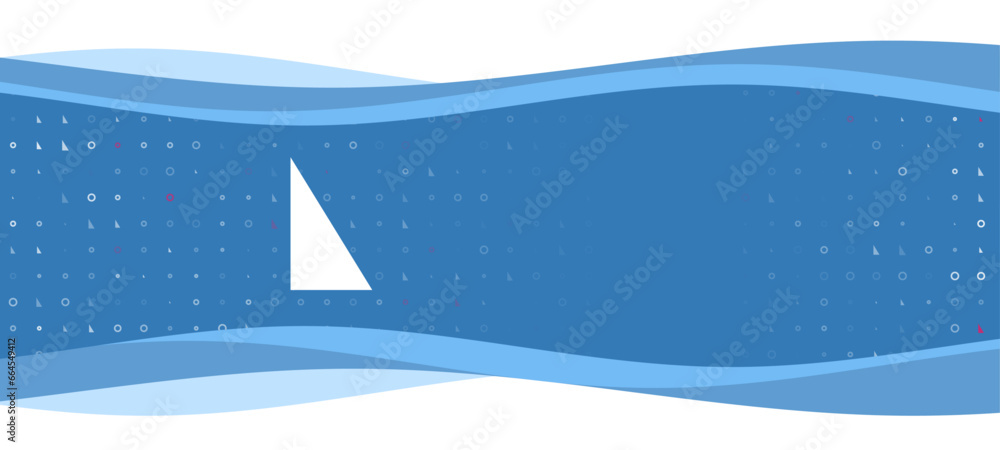 Poster blue wavy banner with a white right triangle symbol on the left. on the background there are small w