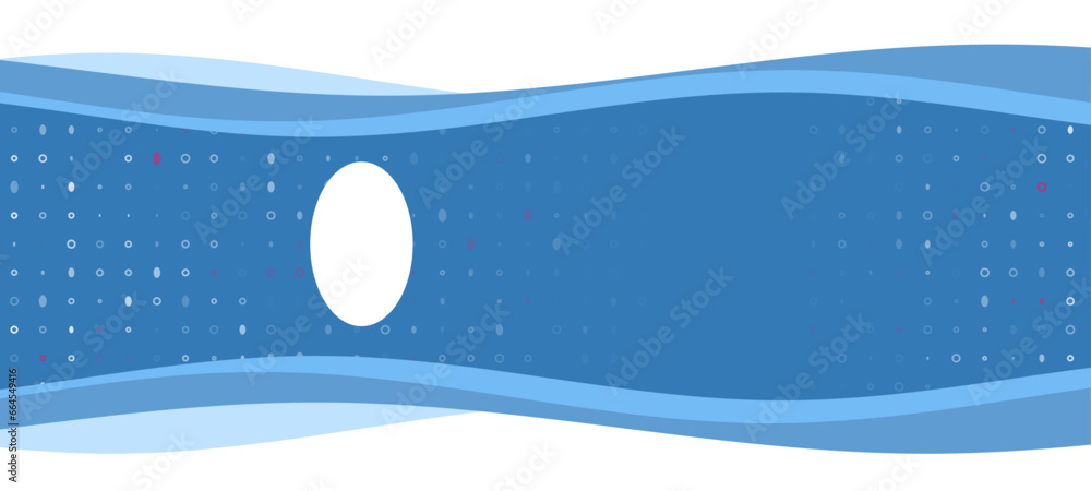 Poster blue wavy banner with a white ellipse symbol on the left. on the background there are small white sh