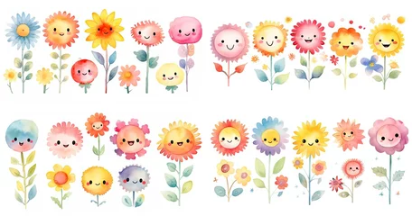 Tuinposter watercolor illustration of flower and sunflower tree with kawaii smile face, collection set, generative Ai © QuietWord