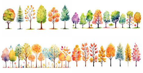watercolor style illustration of autumn tree collection set, Generative Ai