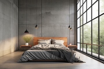 Bedroom with loft style and concrete wall, showcasing a mock up frame and copy space through 3D rendering. Generative AI