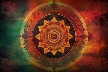Fototapeta na wymiar Meditative backdrop showcasing vibrant Sri Yantra in a colorful mandala design. Generative AI
