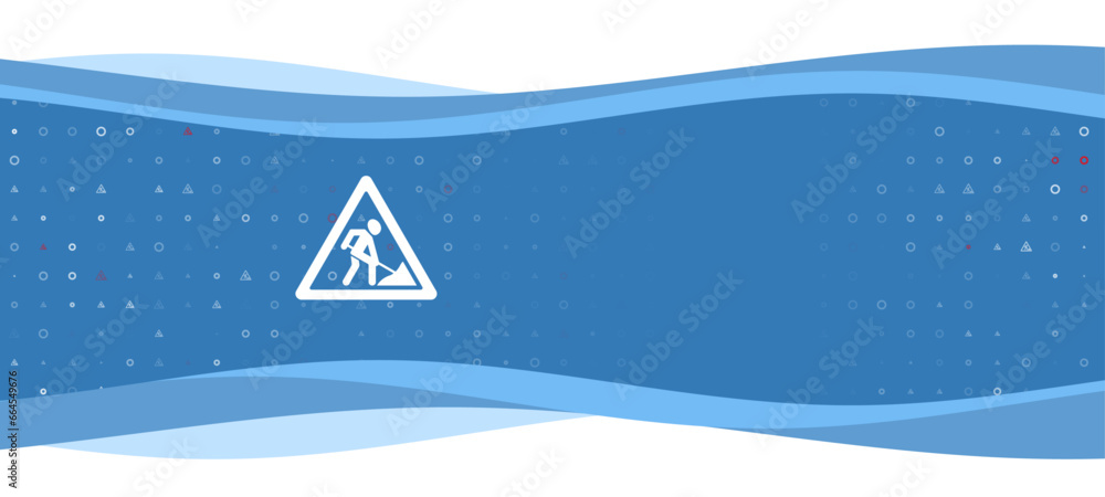 Poster Blue wavy banner with a white road work symbol on the left. On the background there are small white shapes, some are highlighted in red. There is an empty space for text on the right side