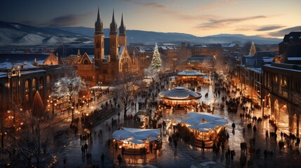 People in Christmas market, an illuminated street.Festive new year lights.