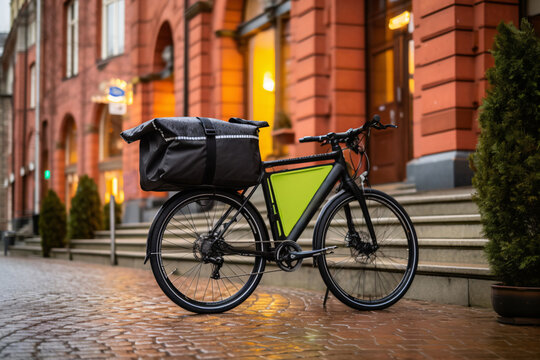 Bicycle with bag on the city street at night. Travel concept. © vachom