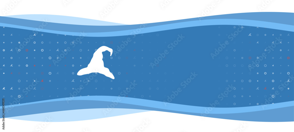 Poster blue wavy banner with a white wizard hat symbol on the left. on the background there are small white