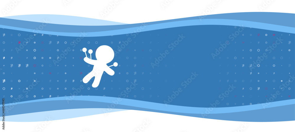 Poster blue wavy banner with a white voodoo doll symbol on the left. on the background there are small whit