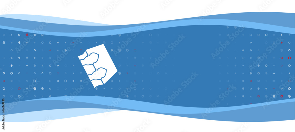 Poster blue wavy banner with a white magic book symbol on the left. on the background there are small white