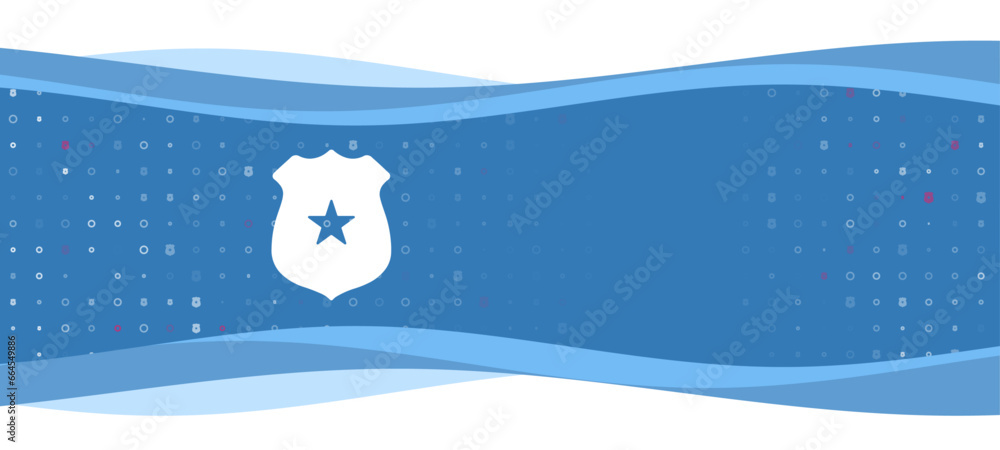 Poster Blue wavy banner with a white police badge symbol on the left. On the background there are small white shapes, some are highlighted in red. There is an empty space for text on the right side