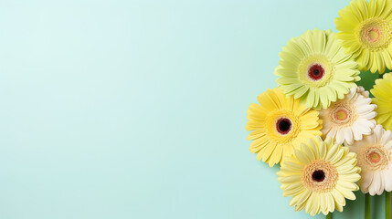 minimalistic background with gerberas, top view with empty copy space