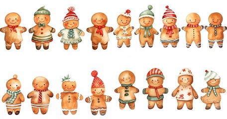 watercolor style cartoon illustration of cute ginger bread wearing winter scarf and cap, isolated on white background, collection set, Generative Ai