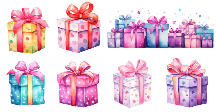 watercolor style illustration of  present box isolated on white background, collection set, Generative Ai