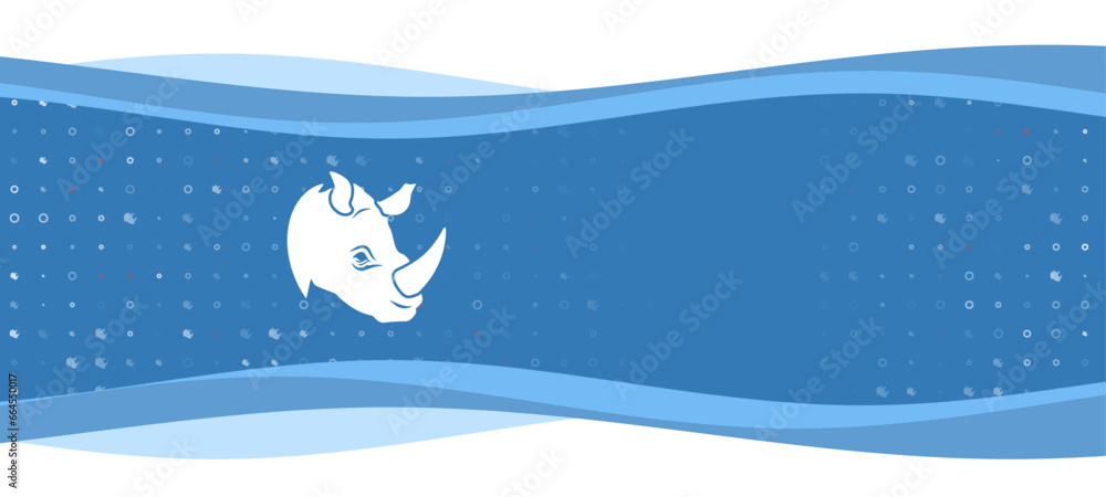 Poster blue wavy banner with a white rhino head symbol on the left. on the background there are small white