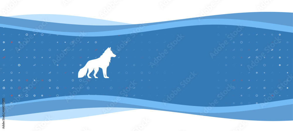 Poster blue wavy banner with a white wolf symbol on the left. on the background there are small white shape