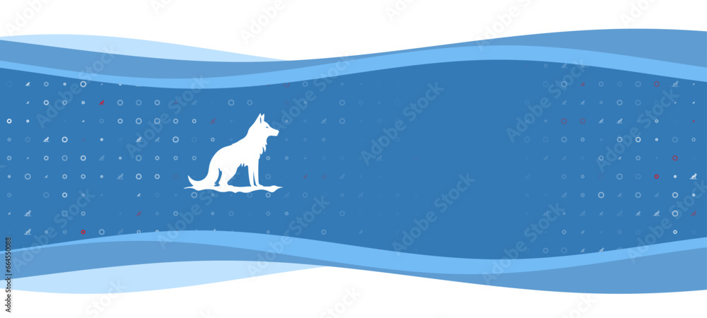 Poster blue wavy banner with a white wild wolf symbol on the left. on the background there are small white 