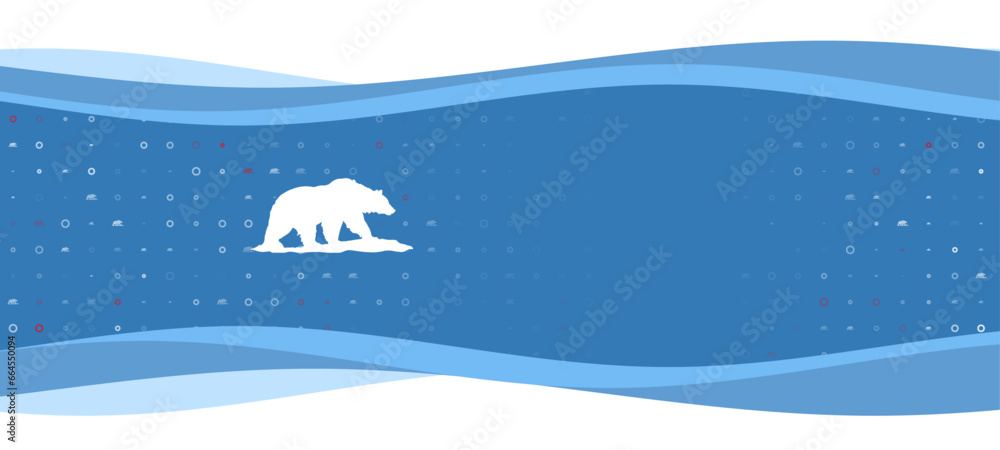 Poster Blue wavy banner with a white wild bear symbol on the left. On the background there are small white shapes, some are highlighted in red. There is an empty space for text on the right side