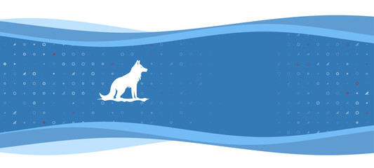 Obraz na płótnie Canvas Blue wavy banner with a white wild wolf symbol on the left. On the background there are small white shapes, some are highlighted in red. There is an empty space for text on the right side