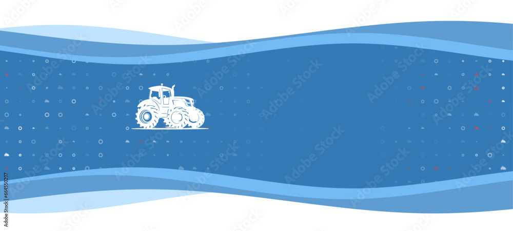 Poster blue wavy banner with a white tractor symbol on the left. on the background there are small white sh