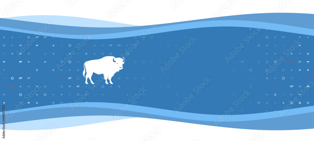 Poster Blue wavy banner with a white buffalo symbol on the left. On the background there are small white shapes, some are highlighted in red. There is an empty space for text on the right side