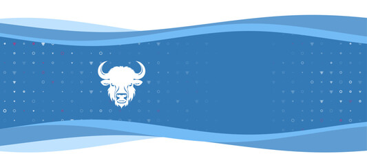 Blue wavy banner with a white buffalo head symbol on the left. On the background there are small white shapes, some are highlighted in red. There is an empty space for text on the right side