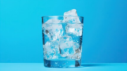 ice cubes in a glass of water on a blue background.  generative ai