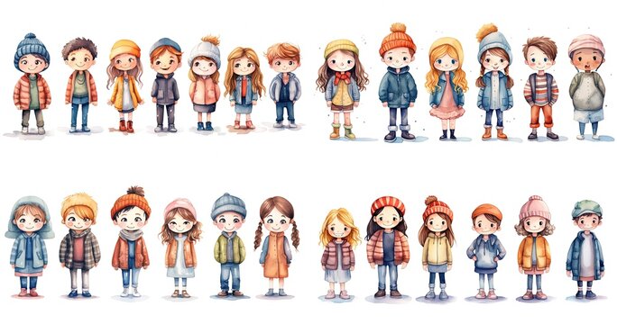 watercolor style cartoon illustration of a group of kids boys and girls happily walking together, collection set, Generative Ai