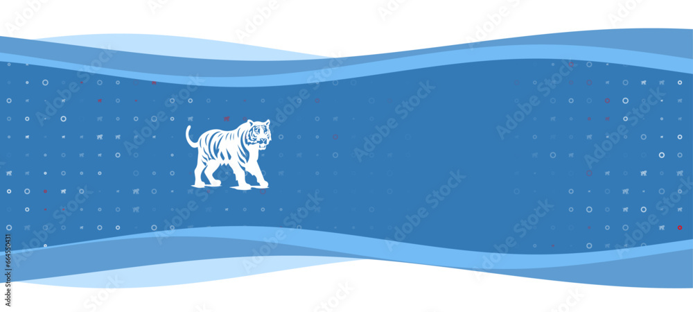 Poster blue wavy banner with a white tiger symbol on the left. on the background there are small white shap