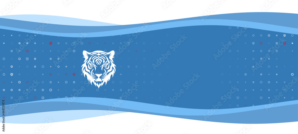 Poster blue wavy banner with a white tiger head symbol on the left. on the background there are small white