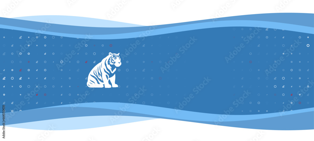 Poster blue wavy banner with a white sitting tiger symbol on the left. on the background there are small wh