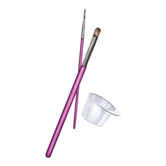 Professional brushes for applying henna and paint. Container for mixing eyebrow dyes. Eyebrow shaping. Facial hair removal. Watercolor illustration. Beauty concept
