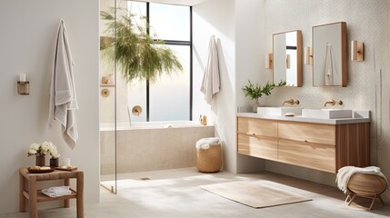  a bathroom with a sink, mirror, and bathtub.  generative ai