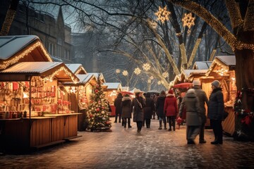People in Christmas market, an illuminated street. Festive new year lights.