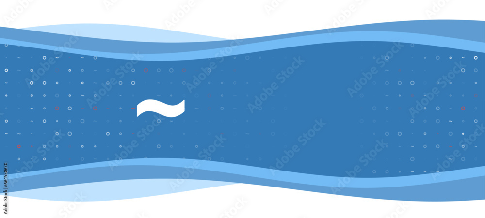 Poster blue wavy banner with a white tilde symbol on the left. on the background there are small white shap