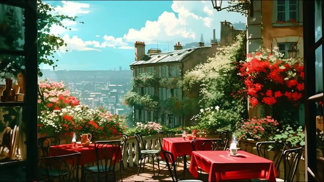 Vibrant animated Parisian caf&eacute; overlooking cityscape, ideal for online streaming, musical visualizers, and video call backgrounds. Immerse in a serene, picturesque urban setting, oozing European charm