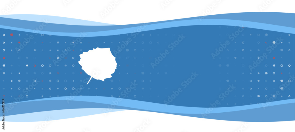 Poster blue wavy banner with a white aspen leaf symbol on the left. on the background there are small white