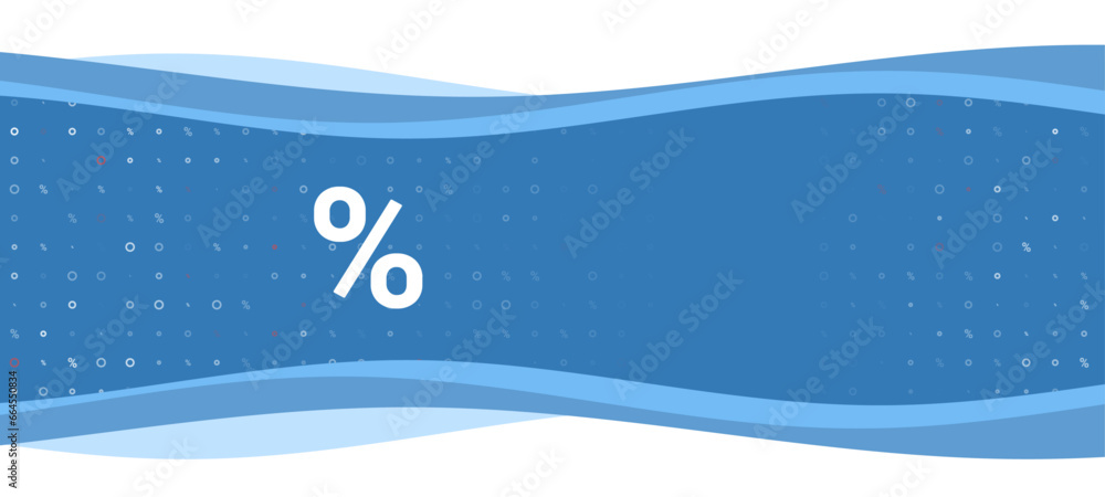Poster blue wavy banner with a white percent symbol on the left. on the background there are small white sh
