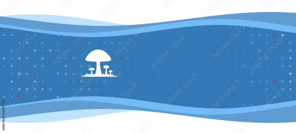 Poster blue wavy banner with a white mushrooms symbol on the left. on the background there are small white 
