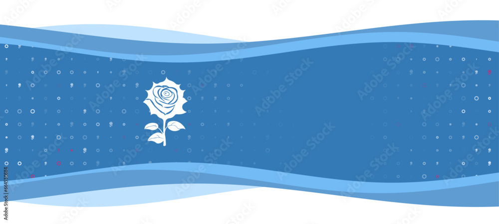 Poster Blue wavy banner with a white rose symbol on the left. On the background there are small white shapes, some are highlighted in red. There is an empty space for text on the right side