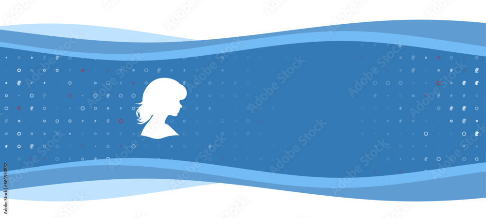 Poster blue wavy banner with a white woman face profile symbol on the left. on the background there are sma