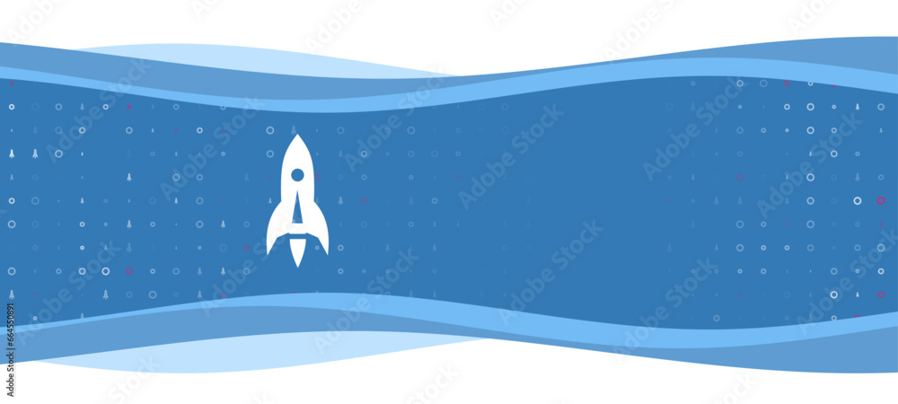 Poster blue wavy banner with a white rocket symbol on the left. on the background there are small white sha