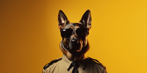 A German Shepherd, dressed as a security officer, stands confidently with sunglasses, offering wide banner space for text.