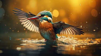 Naklejka premium a colorful bird with its wings spread out in the water. generative ai