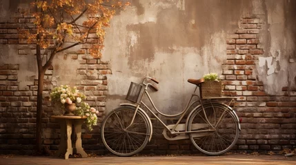 Poster a captivating vintage scene with rustic charm and aged textures, featuring an antique bicycle leaning against a weathered brick wall. © Fahad