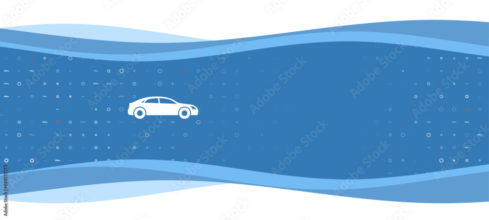 Poster blue wavy banner with a white car symbol on the left. on the background there are small white shapes