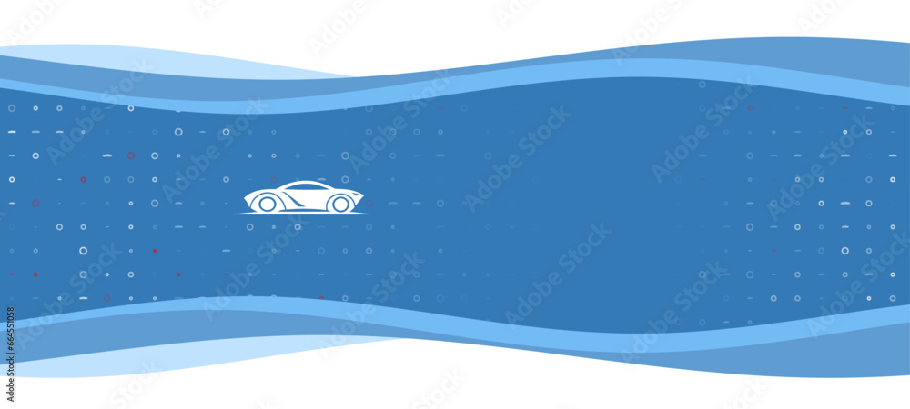 Poster blue wavy banner with a white future car symbol on the left. on the background there are small white
