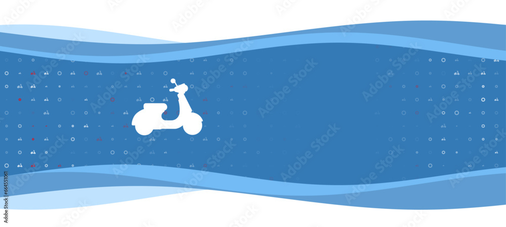 Poster blue wavy banner with a white scooter symbol on the left. on the background there are small white sh