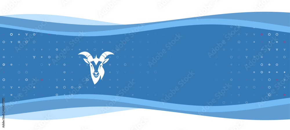 Poster blue wavy banner with a white goat head symbol on the left. on the background there are small white 